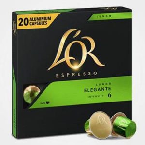 20 Capsules Espresso Lungo Elegante L&rsquo;OR Compatibles Machines Nespresso (Intensité 6)