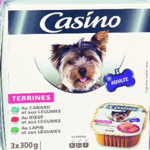 Lot De Terrine Barquettes Au Lapin, Au Bœuf ,Au Canard et Aux Légumes Pour Chien Adult Casino 3x300G