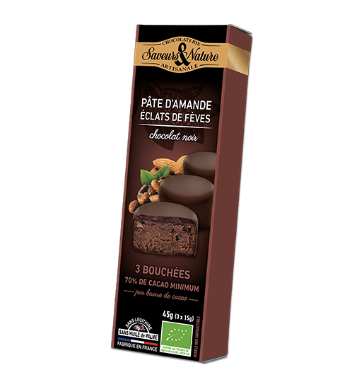 Saveurs et Nature Bouchées Pâte d’Amande & Fèves Enrobées de Chocolat Noir 70% De Cacao, 45G