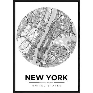 Tableau NEW YORK avec cadre noir ROUND MONOCHROME – Taille 23×32
