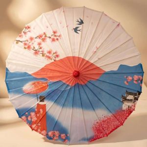 Parapluie Japonais en Soie avec Motif de Cerisier et Montagnes