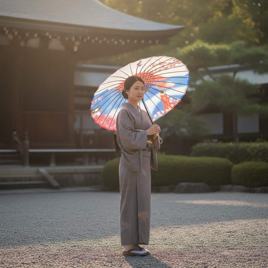 Parapluie Japonais en Soie avec Motif de Cerisier et Montagnes – Image 3
