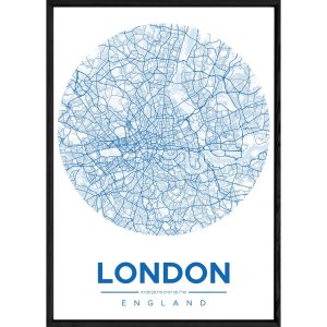 Tableau LONDON avec cadre noir ROUND BLEU – Taille 32×42