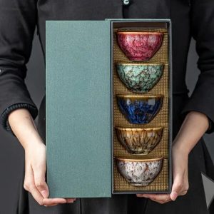 Set de 5 bols à thé japonais anciens en céramique avec coffret cadeau