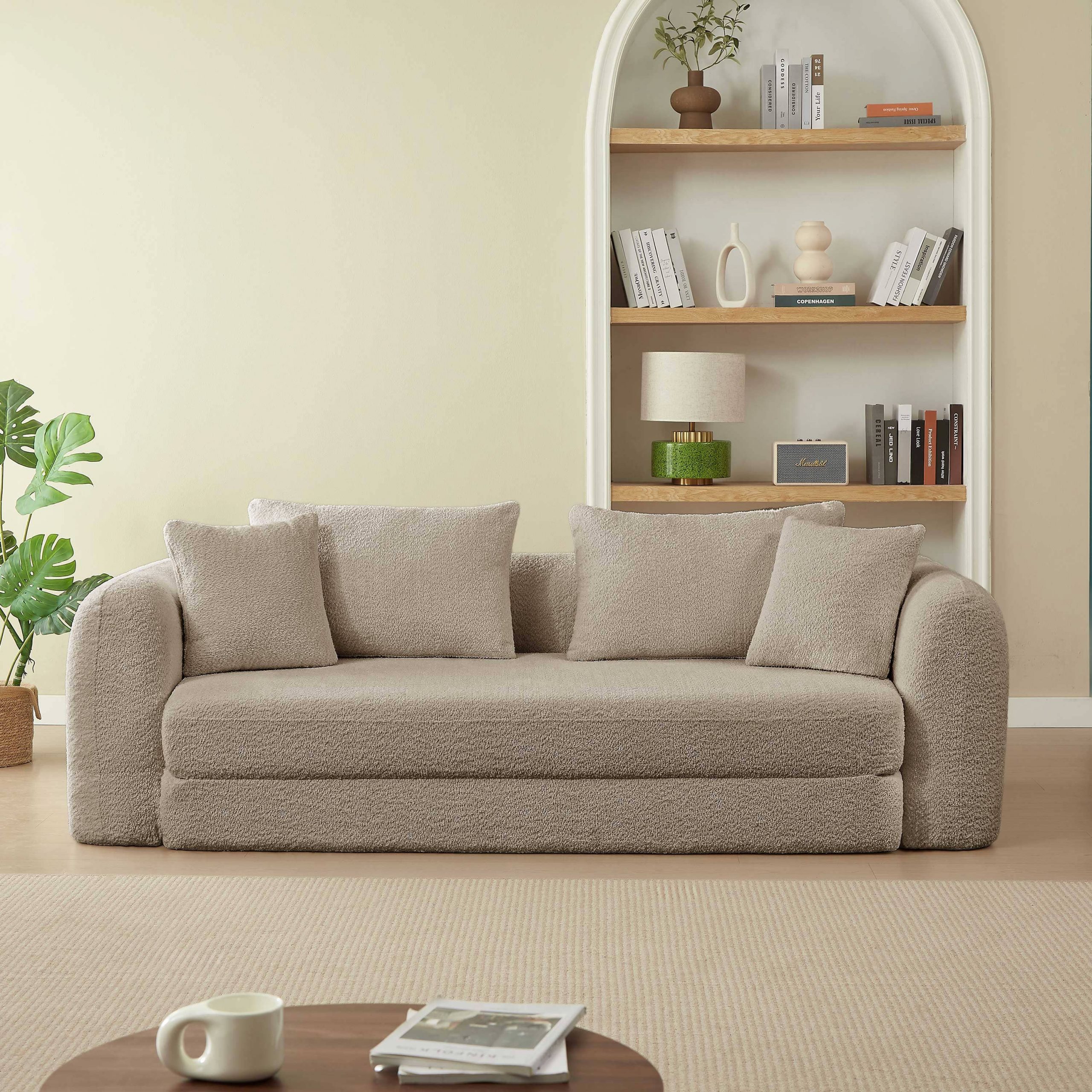 Canapé droit compressé convertible Morpho 3 places tissu bouclette taupe