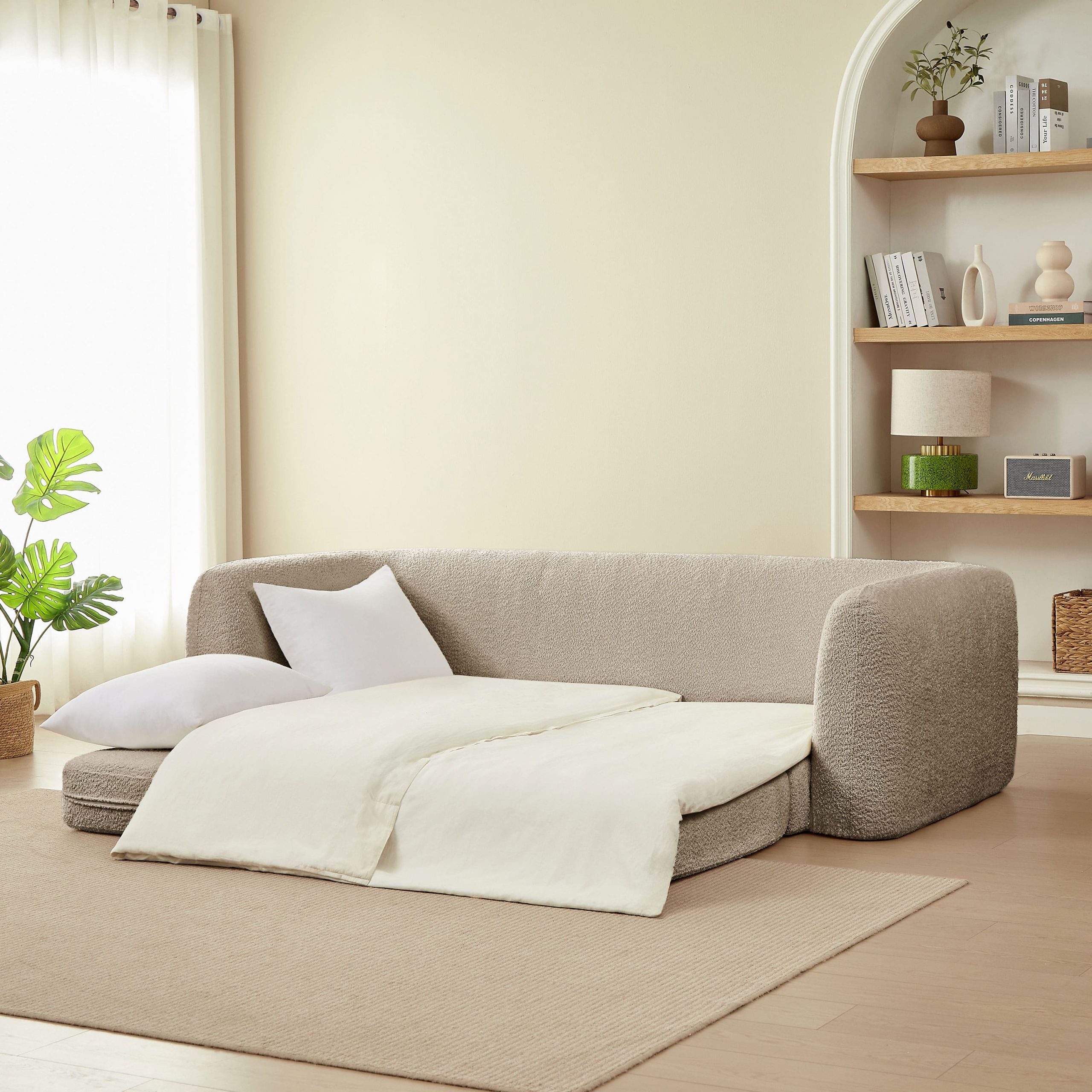 Canapé droit compressé convertible Morpho 3 places tissu bouclette taupe – Image 5