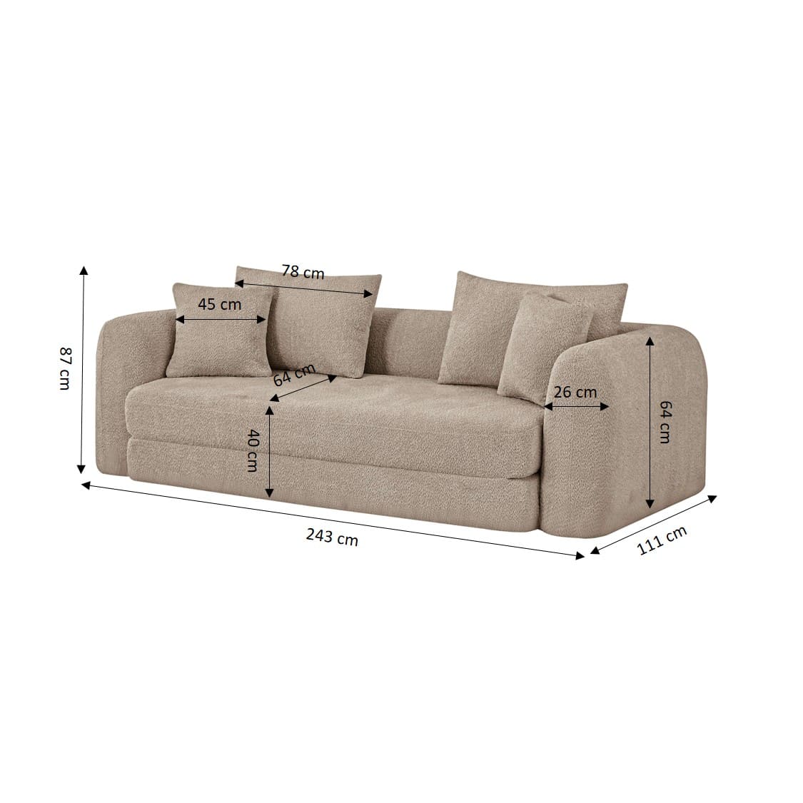 Canapé droit compressé convertible Morpho 3 places tissu bouclette taupe – Image 7