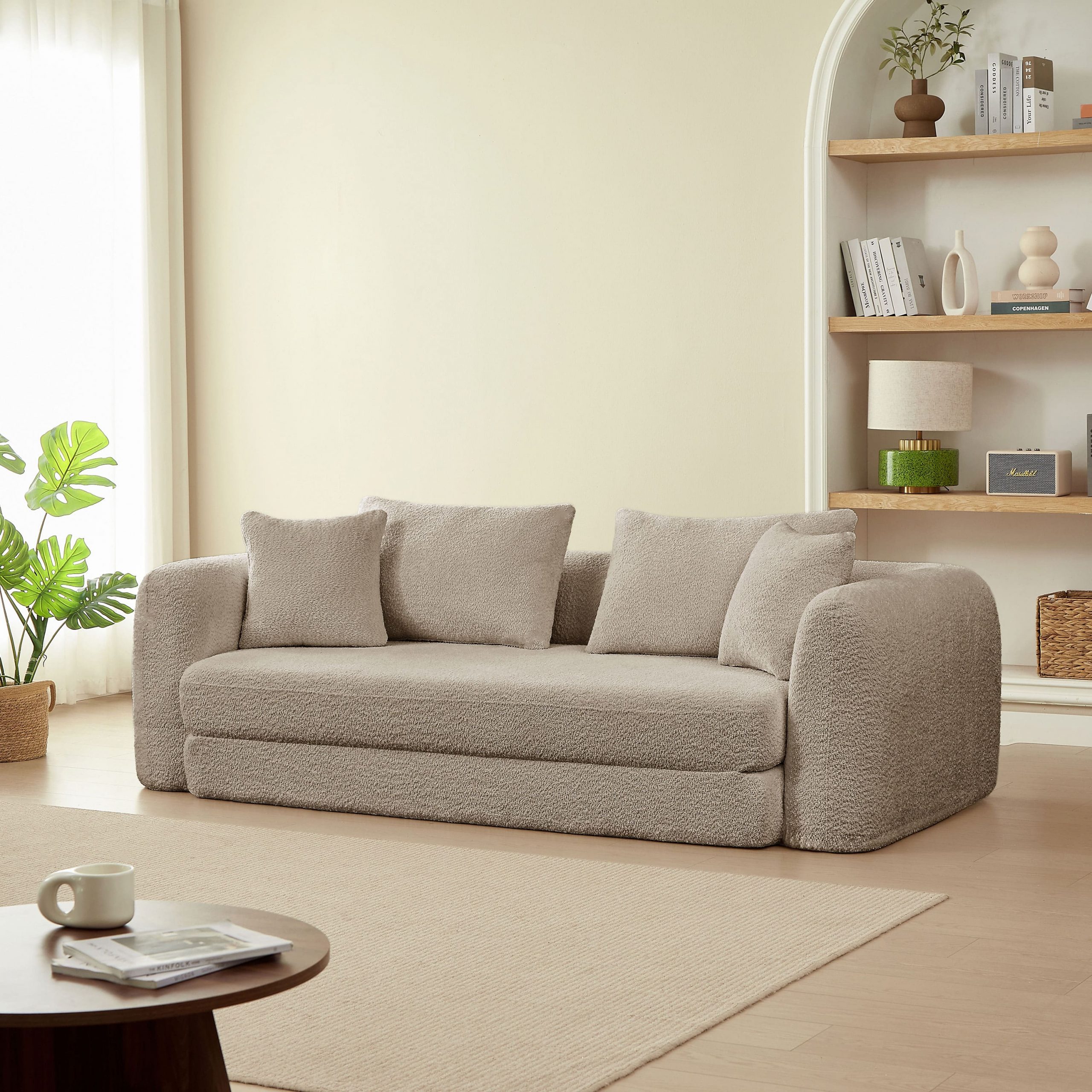 Canapé droit compressé convertible Morpho 3 places tissu bouclette taupe – Image 3