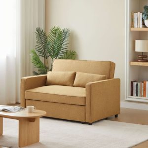 Canapé droit convertible 2 places en tissus ocre